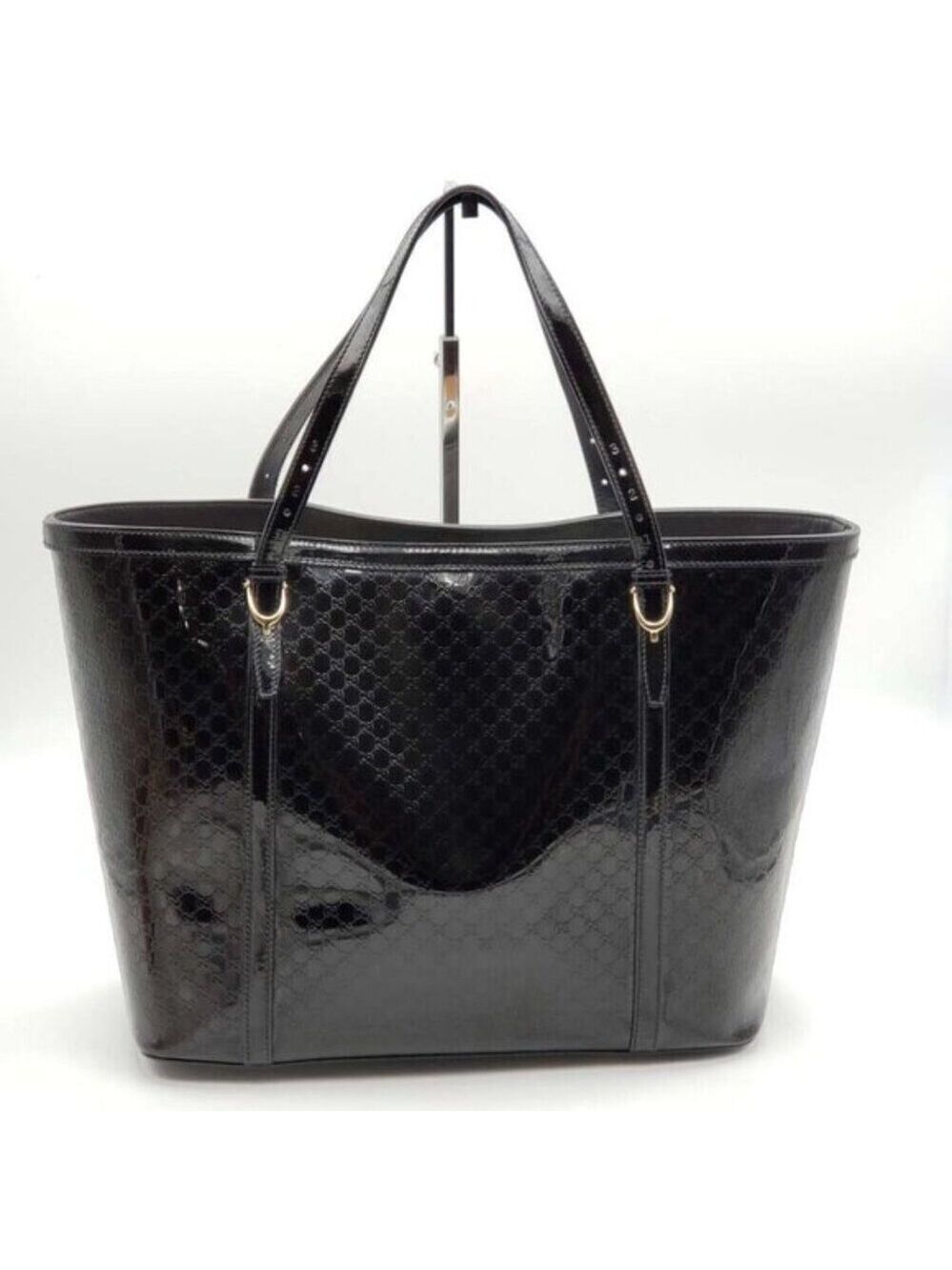 Authentic Gucci Micro GG Guccissima Patent Leather Tote Bag Black Shoulder Bag